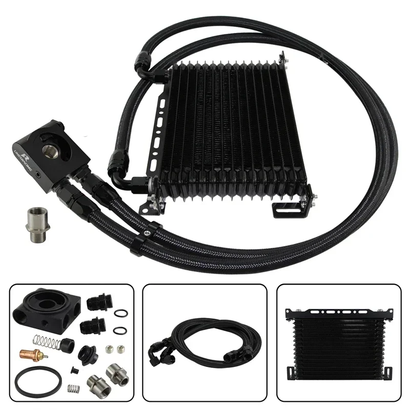 Universal 10/15 Row Oil Cooler w/ Mounting Bracket Kit Thermostatic 73 Degree ±0.5° AN10 7/8