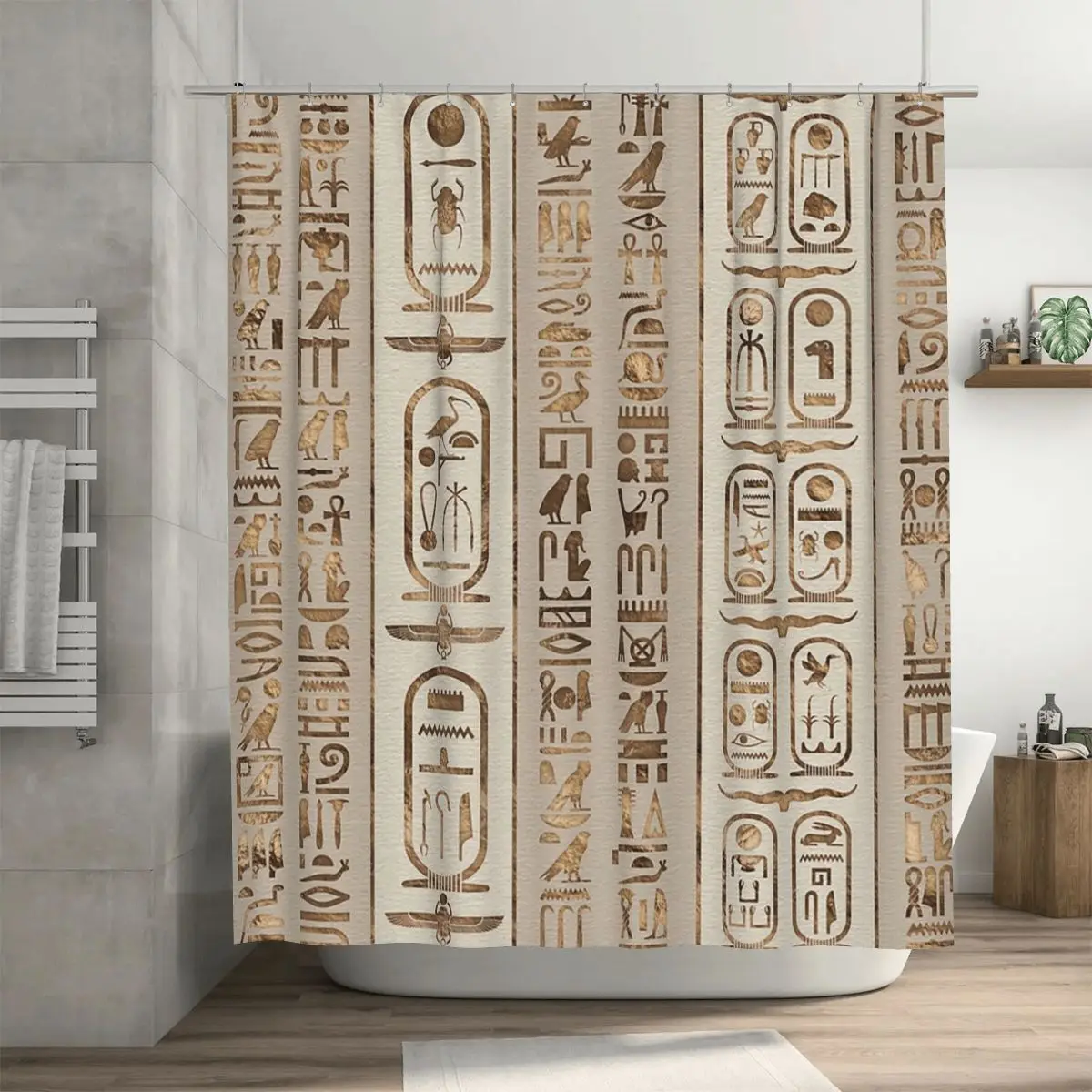 Egyptian Hieroglyphs Pastel Gold Shower Curtain Bathroom Polyester Waterproof Bath Curtains with Hooks
