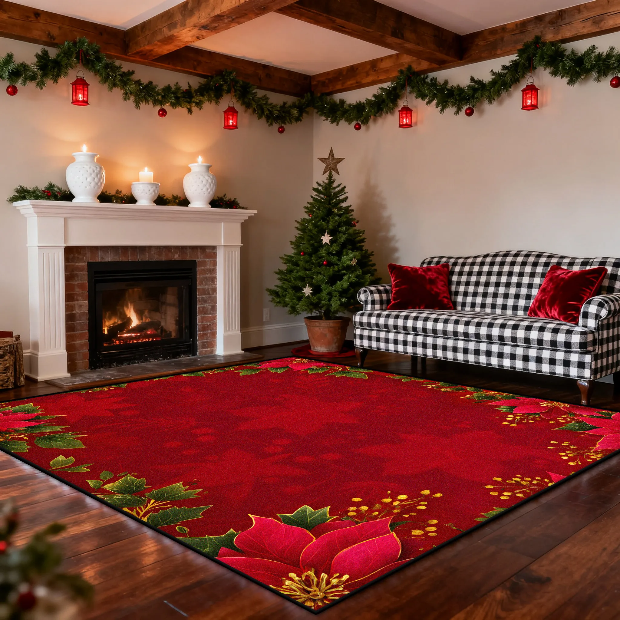 

European Style Christmas Poinsettia Flower Decoration Carpet Living Room Large Area Plush Rugs Bedroom Warm Atmosphere Floor Mat