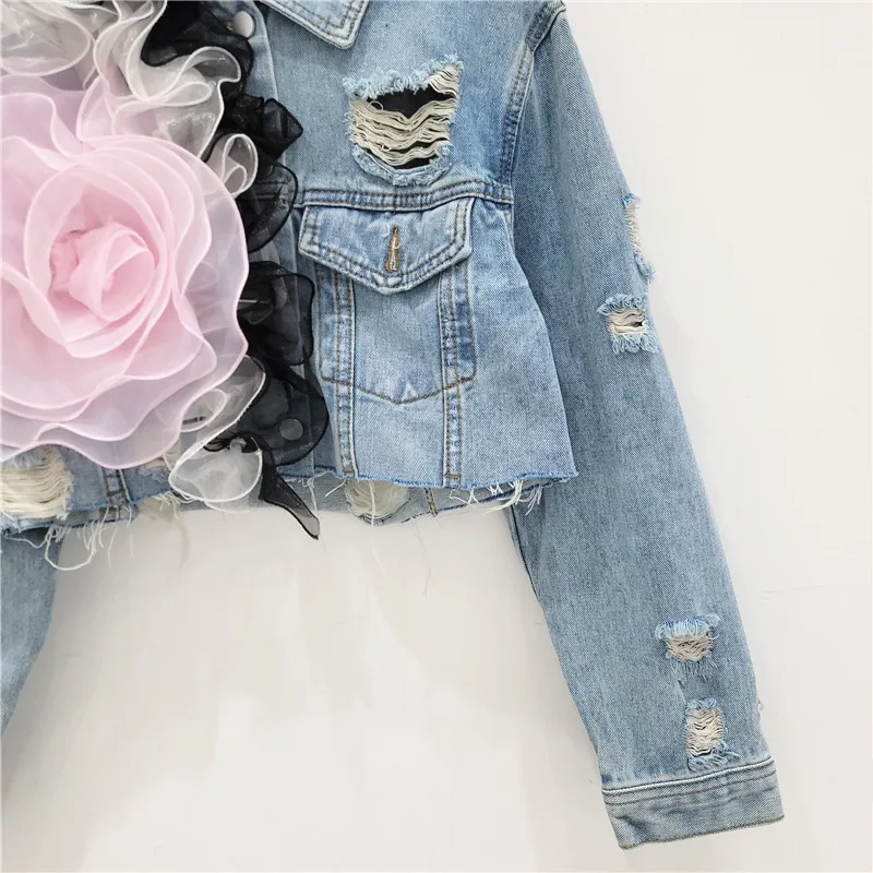 MSMUSI 2024 New Fashion Women Sexy Lapel Floral Lace Mesh Falbala Ruffles Hollow Out Blazer Top Bodycon Short Jacket Denim Coat