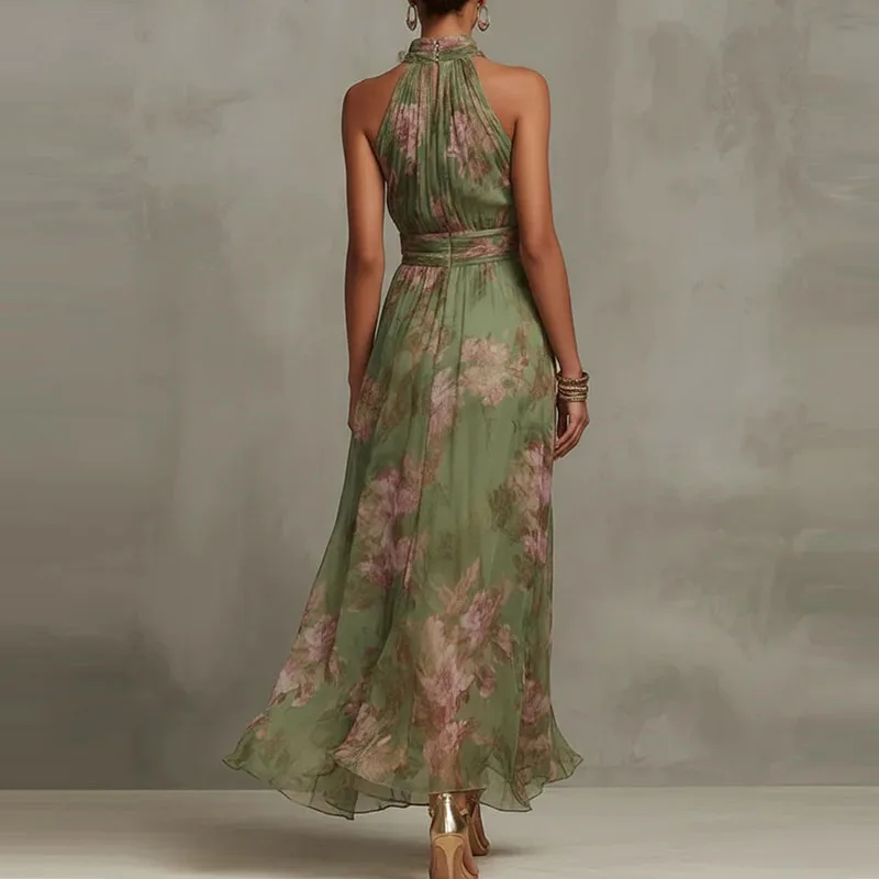 Elegant Halter Off Shoulder Hollow Party Dresses Woman Spring Floral Print Chiffon Long Dress Boho Sleeveless Summer Beach Dress - Image 3