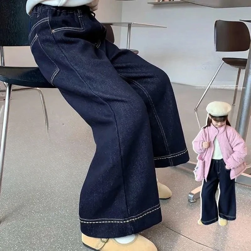 Girls Fleece Lined Thickened Denim Jeans Autumn Winter Loose Wide Leg Pants Kids Fashion Casual Trousers Children Bottoms