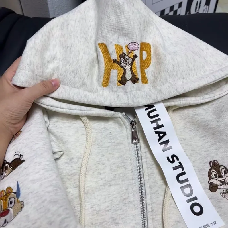 Disney Chip Dale animation peripheral cartoon embroidered printed hooded plus velvet couple style solid color sweatshirt jacket