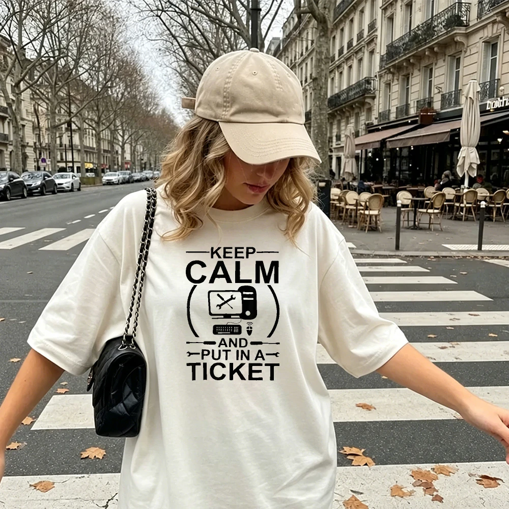 Keep Calm And Put In A Ticket T-Shirt Women Men Vintage Computer Monitor Wrench Silhouette Funny Tech Support Nerd Casual Tee