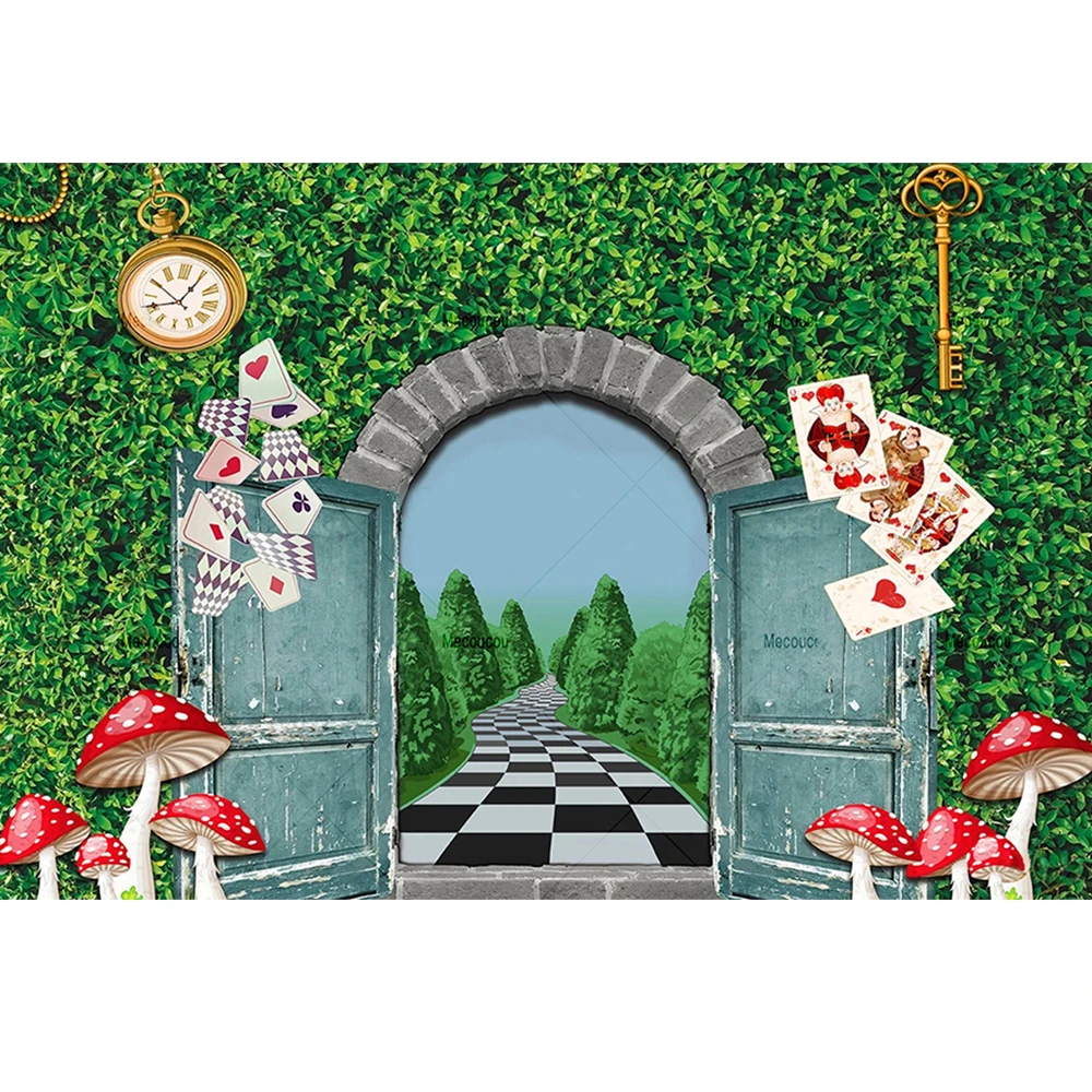 Disney Alice In Wonderland Tea Party Backgrounds Custom Green Forest Girls Happy Birthday Photography Backdrop Decoration Banner