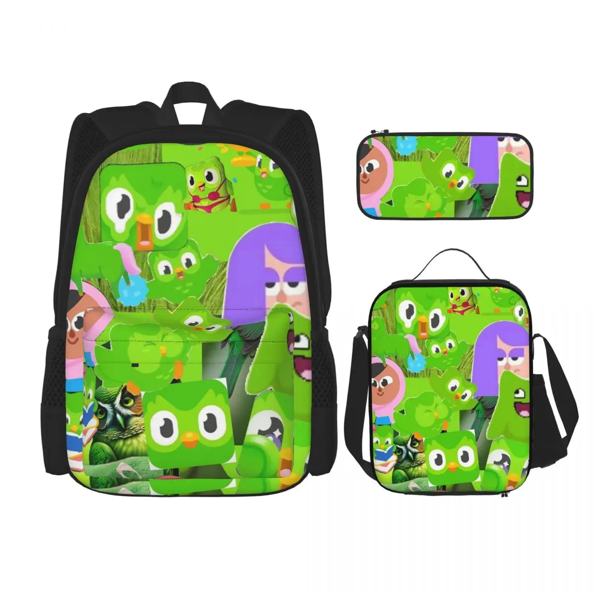 

Duolingo Owl Duo Backpacks Boys Girls Bookbag Students School Bags Kids Rucksack Lunch Bag Pen Bag Three-Piece Set