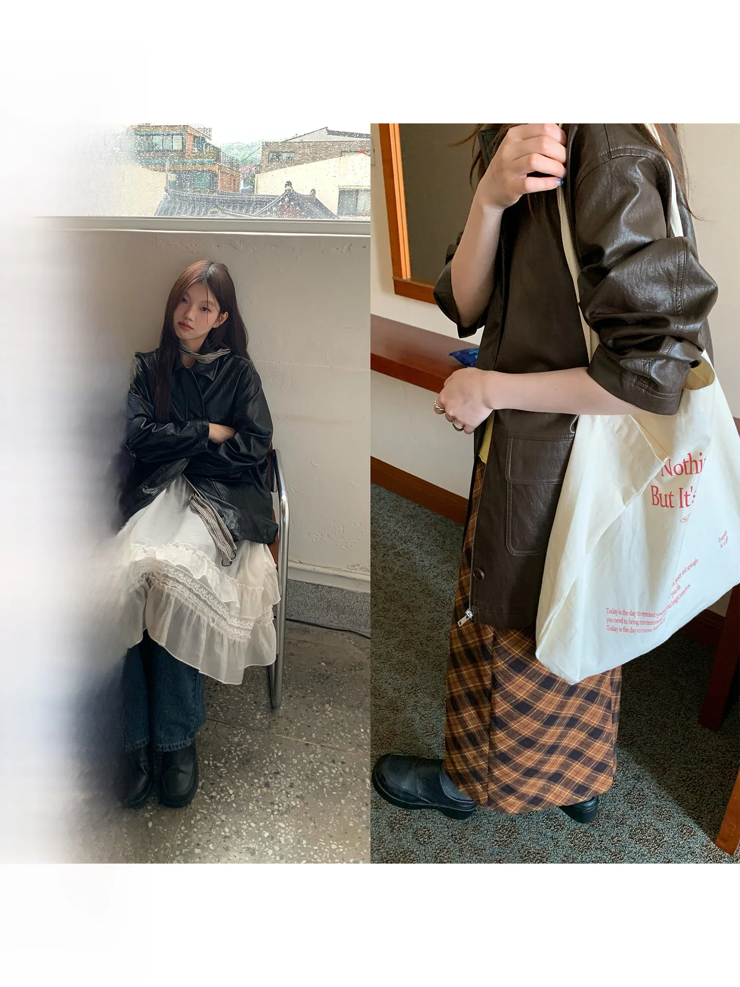 

RAINY American Sle Sweet Cool PU Leather Design Collar Mid-Length Women's Jaet Spring Autumn Loose Versatile ort Coat