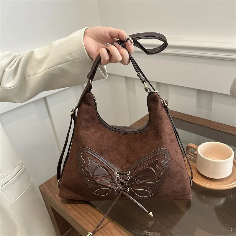 

JIAERDI Retro Coffee Butterfly Backpack Women Lace Up Large Capacity Tote Bag Ladies Daily Casual Commute Underarm Bag Chic 2025