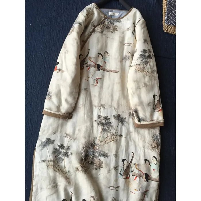 Nuevo chino Sle Zen Tea Dr mujer Otoño Invierno estampado Retro abotonado mezcla de algodón y lino longitud media de una sola pieza Dr