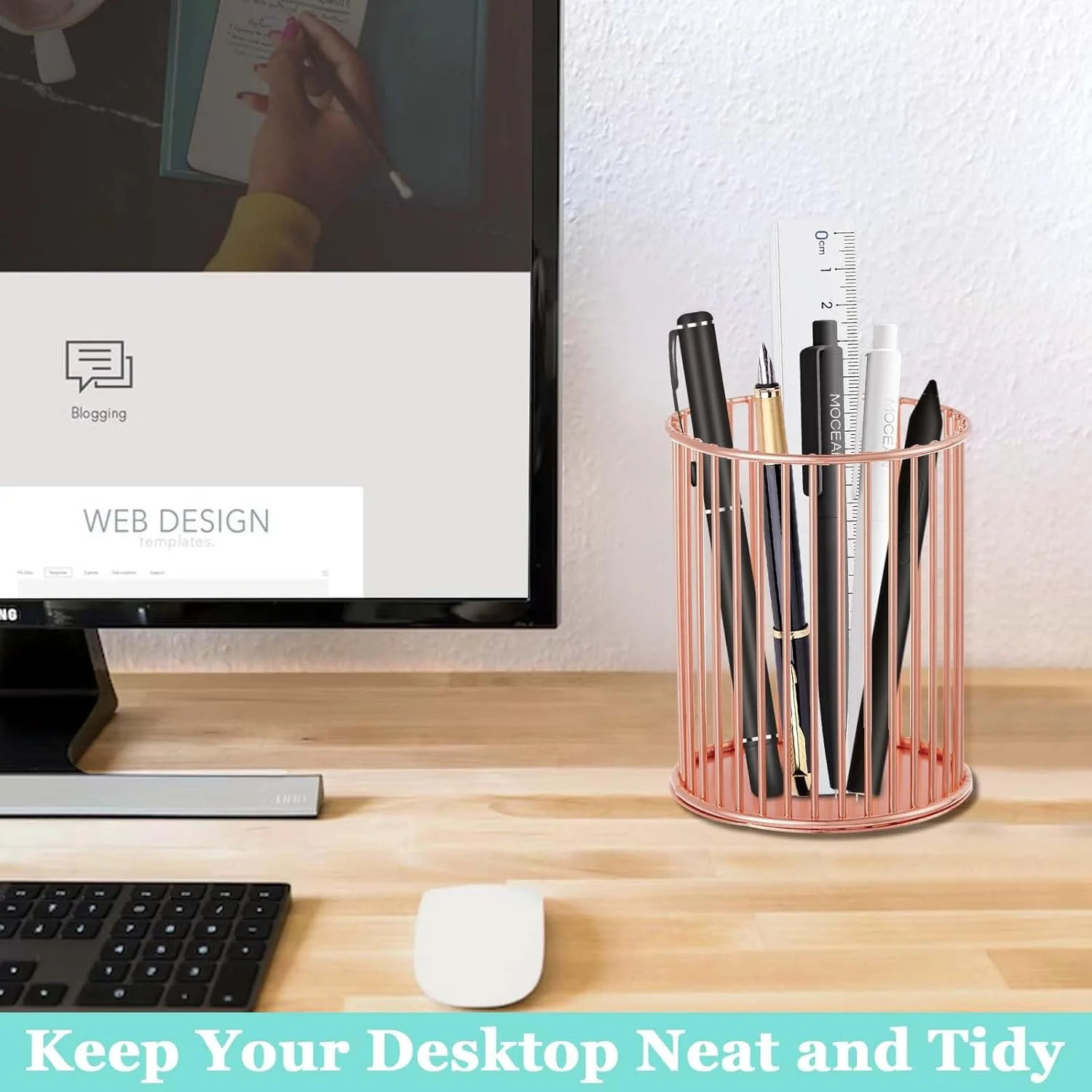 

Desk Pen Holder -Makeup Brushes Holder, Rose Gold Metal Pencil Pen Cup Holders for Desk, Rose Gold Desk Organizer Accessories