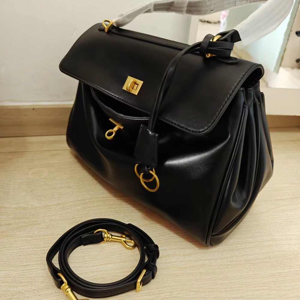 New Luxury Microfiber Leather Women's Double Lock Shoulder Crossbody Bag, Business Commuting Underarm Briefcase for Office Daily