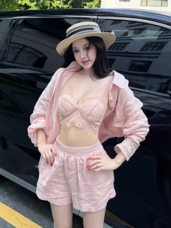 

Pure Desire Lace Strap Sun Protection Shirt Shorts Three Piece Set Summer Waist Cinching Slimming Casual Lazy Loose Set