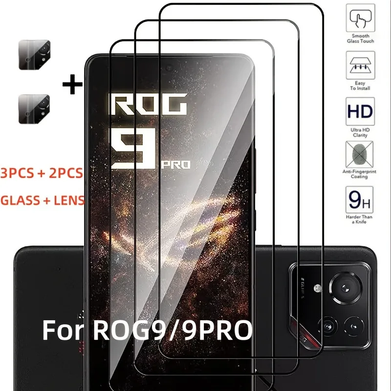 Protector de pantalla de vidrio templado HD con borde negro, 3 + 2 uds., para ASUS ROG Phone 9 Pro 8 7 Zenfone 12 Ultra, película de pantalla antihuellas