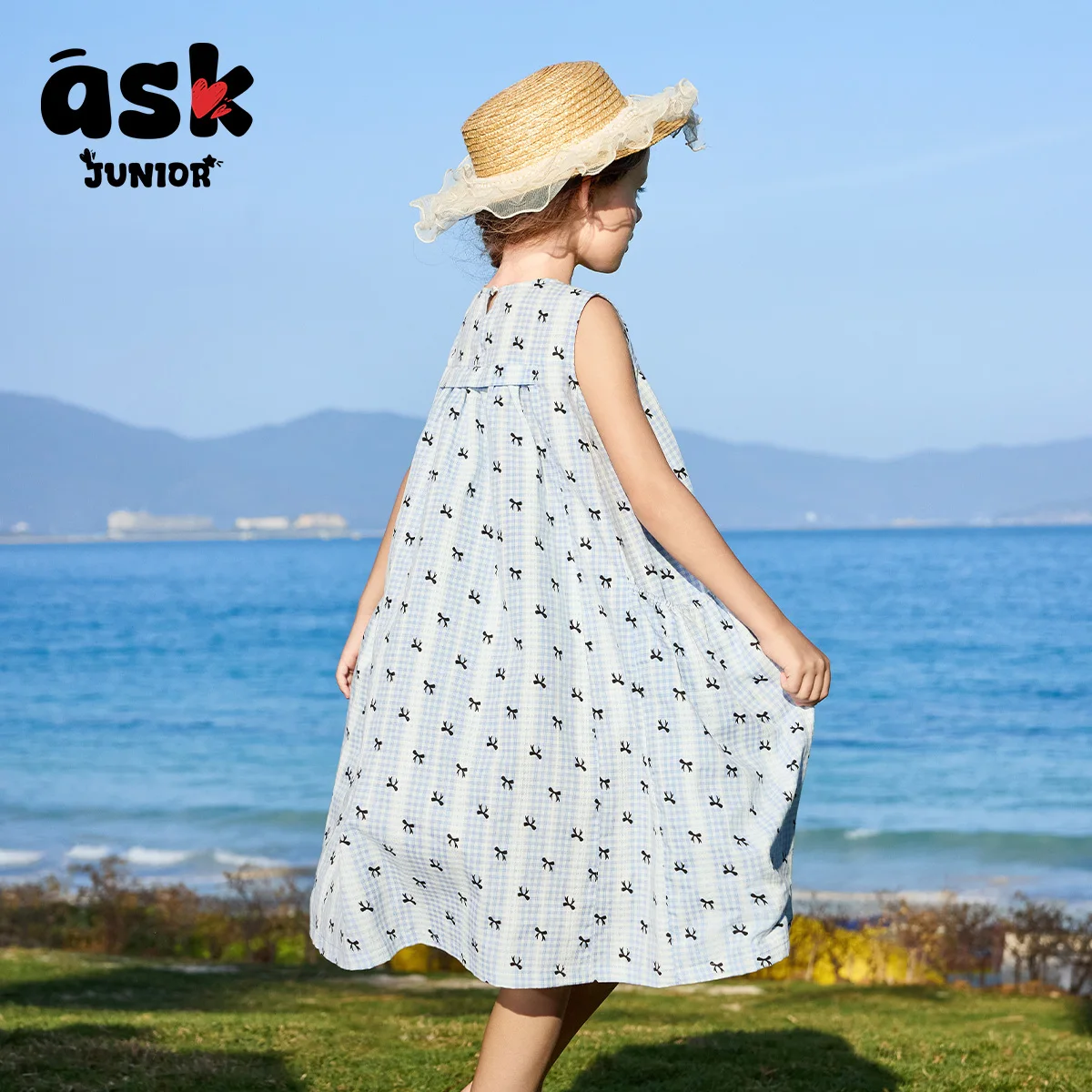 فستان بناتي صيفي بفيونكة منقوشة باللون الأزرق بطباعة متباينة #4