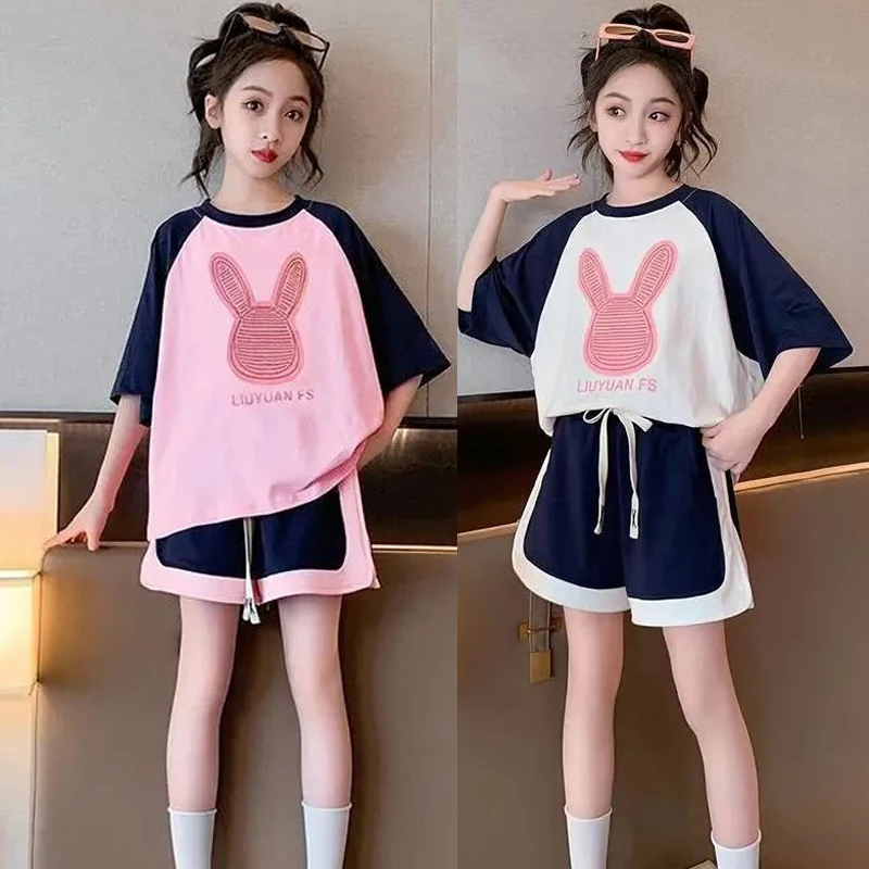 

4-14 Years Teenager Girls Clothing Set Summer Cartoon Rabbit Pattern T-shirt+Shorts 2Pcs Sports Suit For Kids Casual Outfit