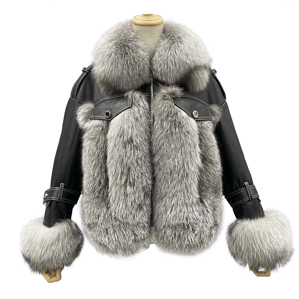 JANEFUR Winter Coat for Women Real Leather Jacket with Fur 2023 Fashion Luxury Natural Fox Fur Coat Free Shipping