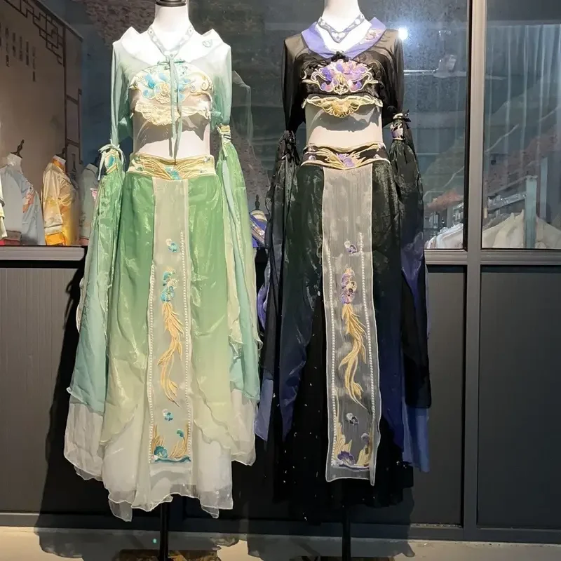 FC6妖精エキゾチックなスタイルのプリント刺繍弾性スカート中国漢服赤黒衣装セットXianxia服ダンスウェア花@FC8！