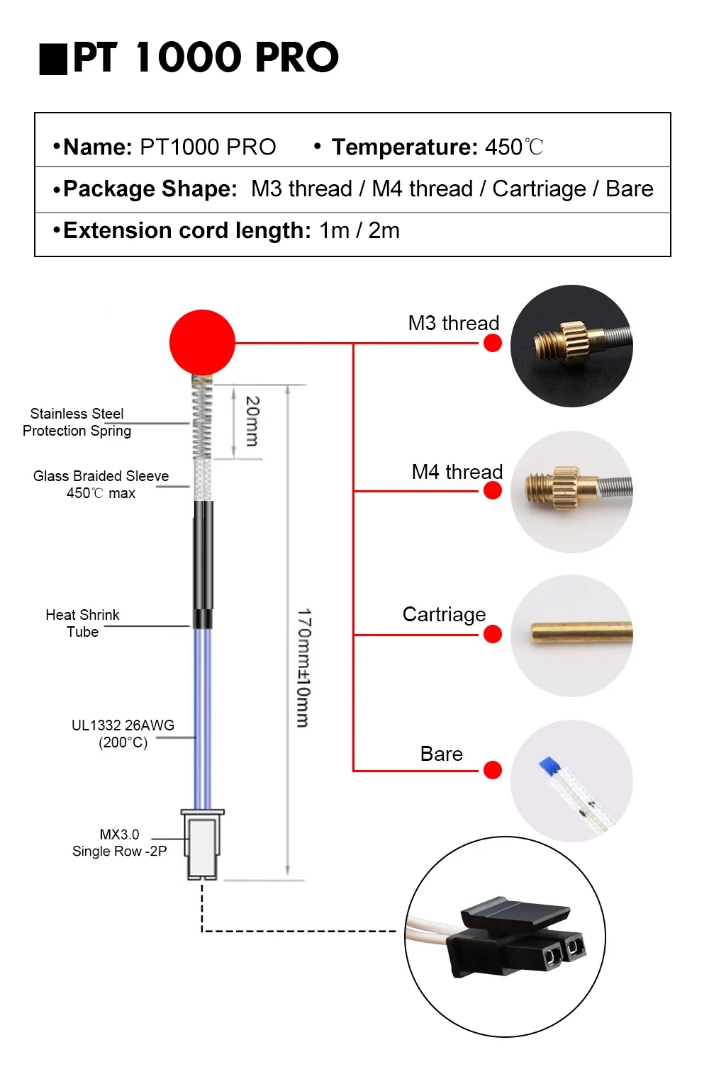 C Trianglelab ® Glaskopf 100K 3950 1M & 2M 100k Ohm B3950 Thermistor 280 ℃ für Ender 3 CR10 Ender 5 Rapido Hotend – Detail 30