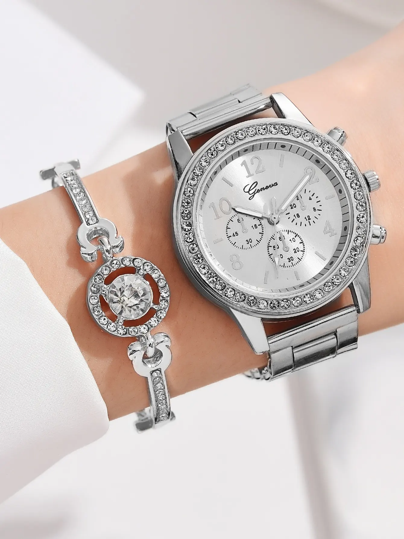 5 PCS Set Silver Luxury Watch Women Ring Necklace Earrings Rhinestone Fashion Wristwatch Female Casual Watches Bracelet Set