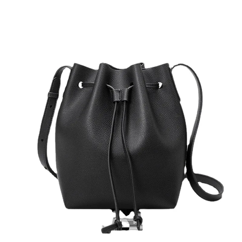 Women Classic Bucket Bag Genuine Leather Shoulder Bag Messenger Crossbody Bag Ladies String Handbag