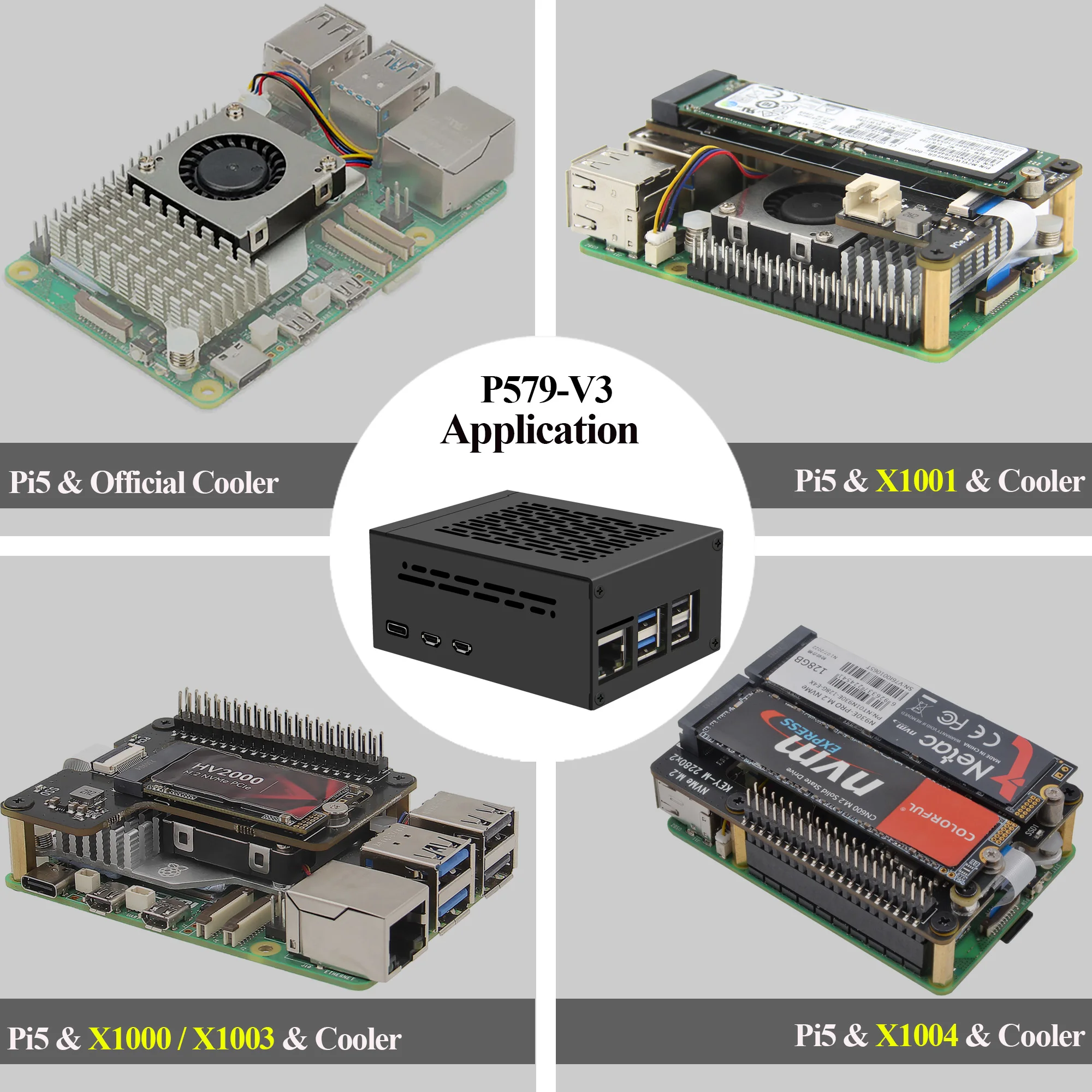 Raspberry Pi 5 Case (P579-V3) | Support PCIe M.2 NVMe SSD Shield Top X1001 / X1003 / X1000 / X1004 / X1015 & Active Cooler