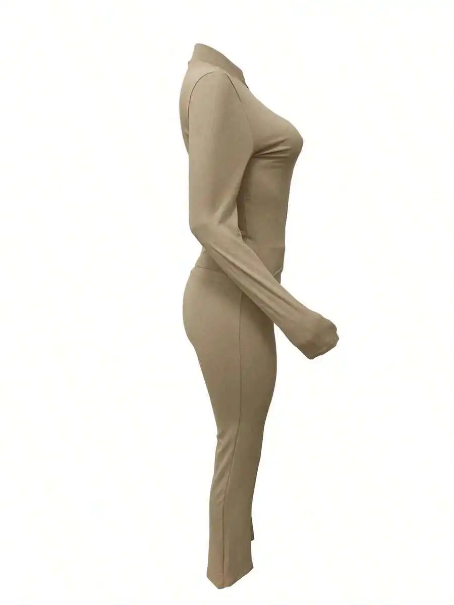 

Womens Autumn Winter Zip Up Cardigan Set Fitted Top And Wide Leg Pants