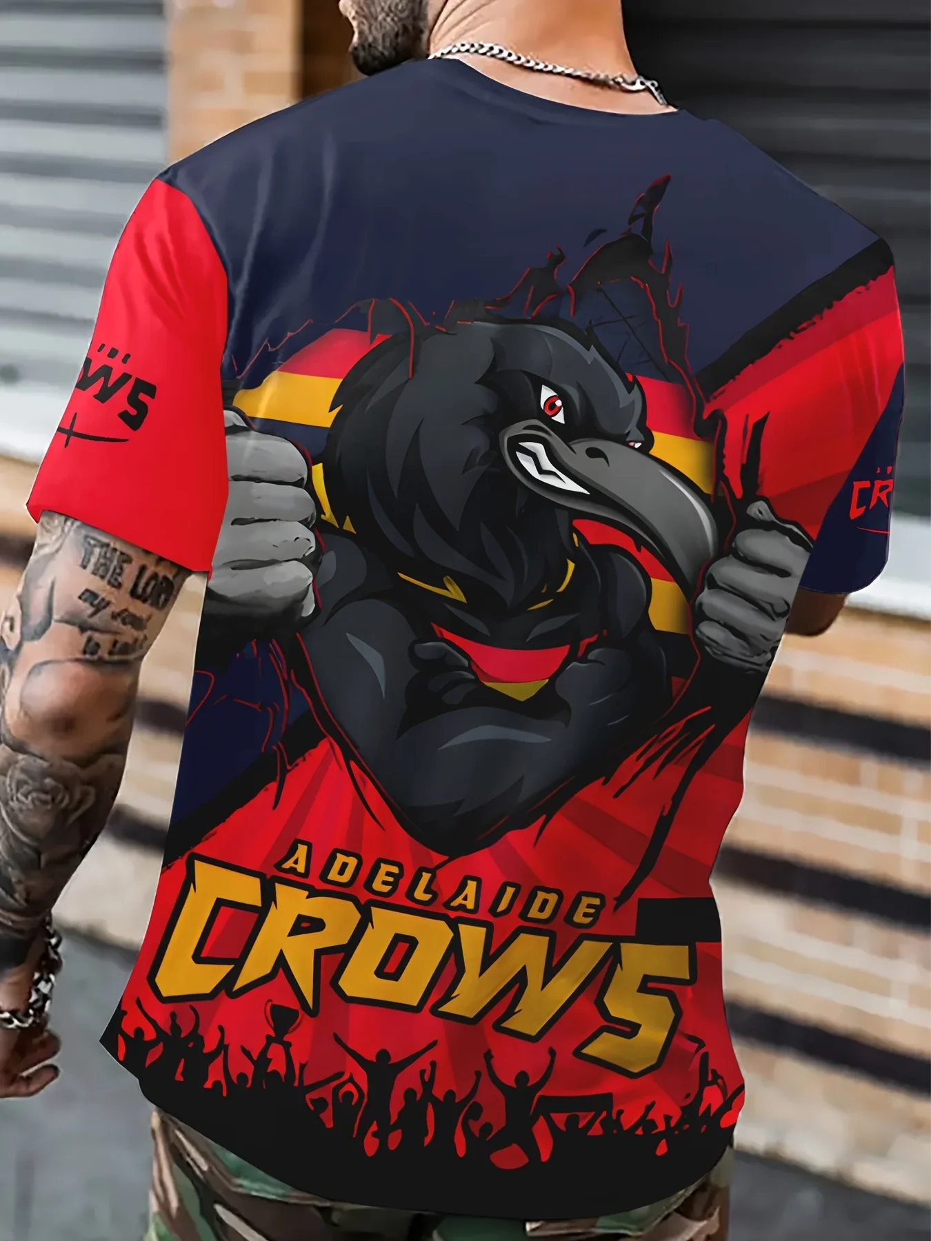 Adelaide Crows Men'S Plus Size 3D Graphic T-Shirt - Bold Crow & Flame Print, Breathable Polyester, Regular Fit Short Sleeve