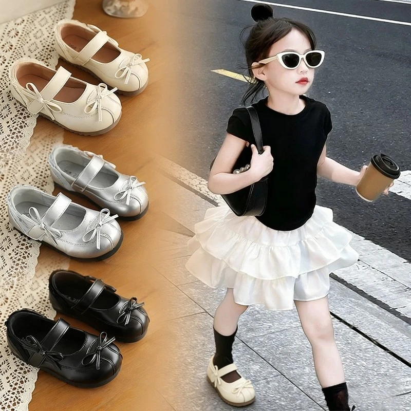 Lolita Girls Bow Mary Jane Shoes New Party Wedding Children Leather Shoes Lace Trim Fashion Sweet Kids School Uniform Flat Shoes