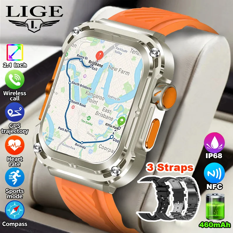 

LIGE 2025 Новые 2,1 "Ультра HD NFC Смарт-часы с голосовым вызовом Мужские компасы GPS трек 460 мАч Аккумулятор Водонепроницаемые часы для HUAWEI Xiaomi