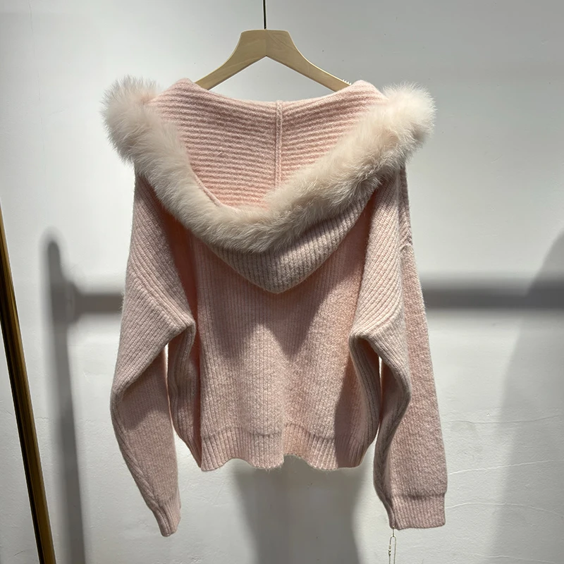 2025 Hot Sale Girl Winter Pink Real Fox Fur Thick Knitted Hoodie Sweater Loose Female Grey Sweater Hooded Jacket Coat