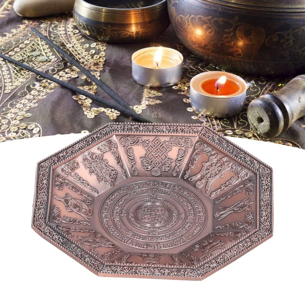 Decorative Alloy Burning Tray Cyan 12.6x12.6x1cm Sacrificial Dish Buddhist Supply For Altar