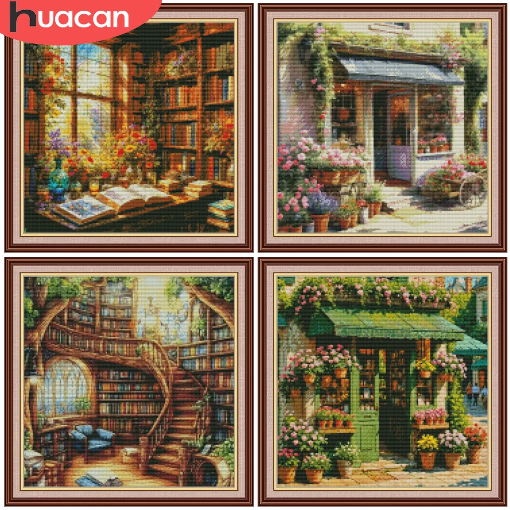 HUACAN Stickerei-Sets, Hauslandschaft, Kreuzstich, Bücherregal-Landschaft, Laden, 11CT DMC-Set, bedruckt auf Leinwand, Heimdekoration