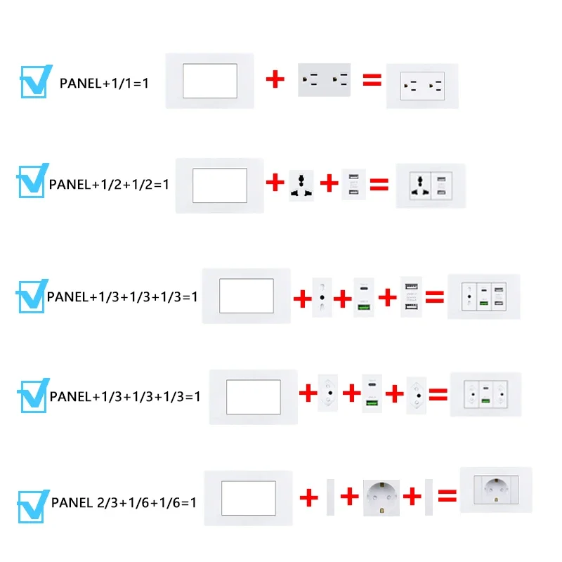 Brazilian Italian Chile  US EU Standard PC panel Free Combination Function USB Type C Key DIY Switch Socket 118mm*75mm White