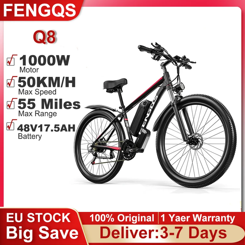 Vélo électrique FENGQS Q8, batterie 48V 17.5Ah, moteur 1000W, vitesse maximale 50 km/h, pneus larges de 27,5 pouces, vélo de montagne électrique