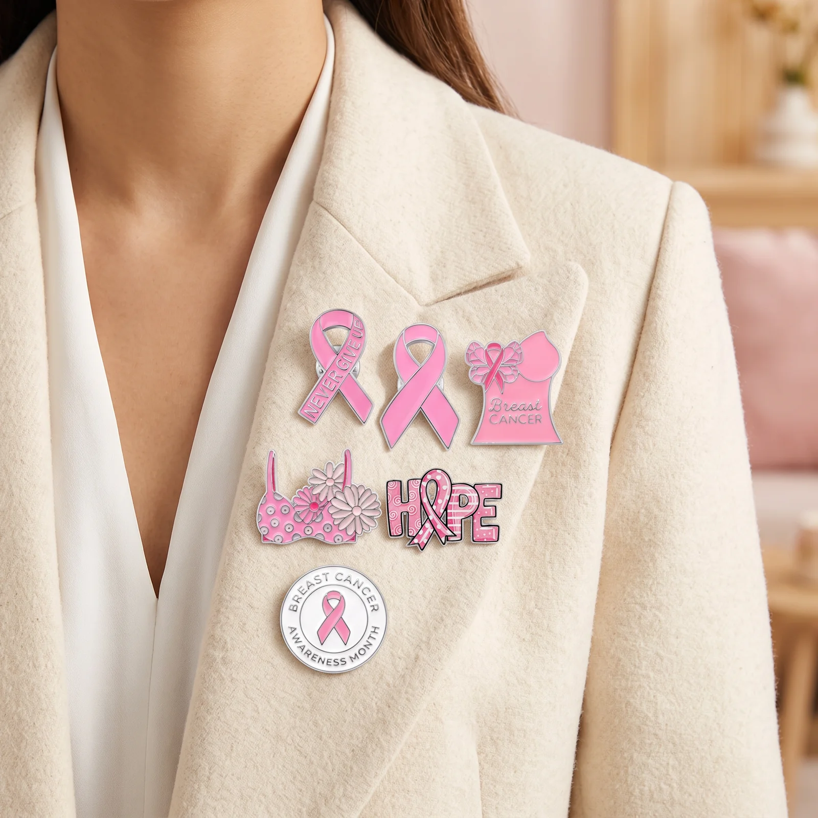 6pcs Breast Cancer Awareness  Pin for Men Unisex Wear Creativity Enamel Pink Ribbon Badge Hope Never Give Up Gift for Women