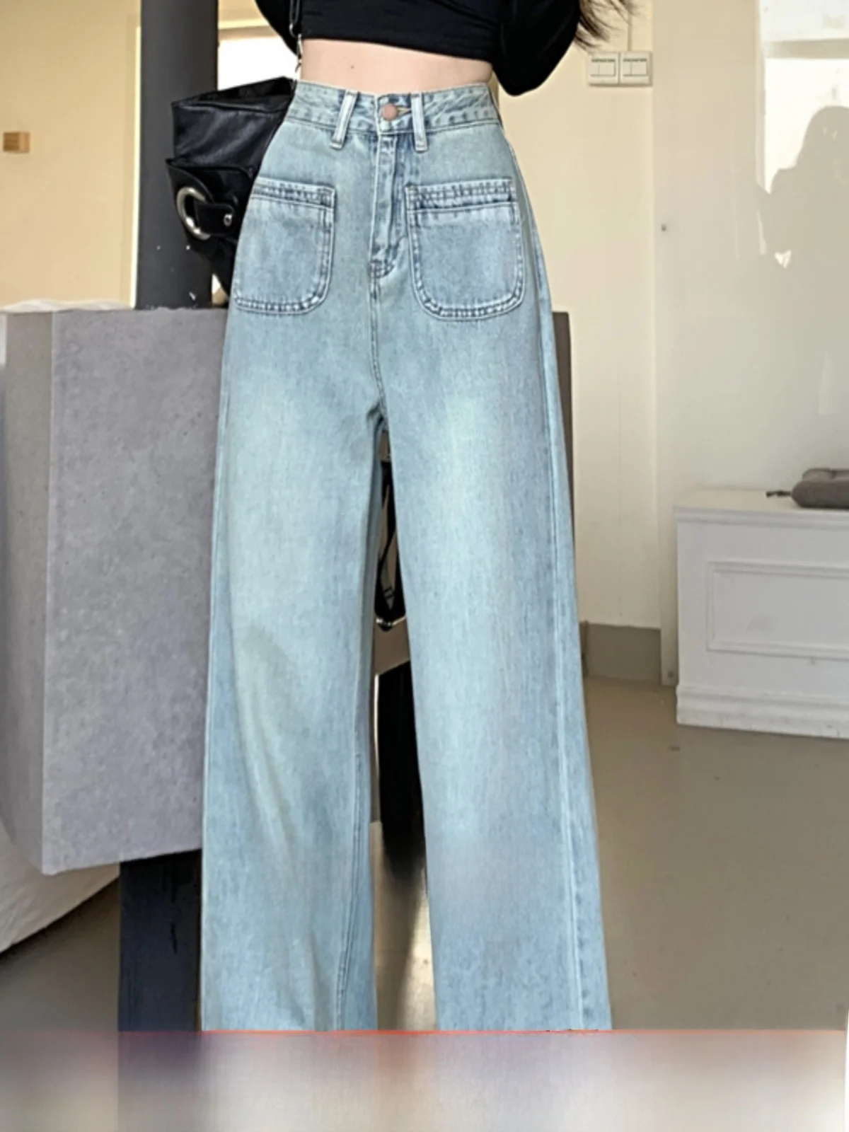 

High Waist Wide Leg Jeans Women's Spring Autumn Straight Cut Floor-Length Pants Deep Light Color Pure Cotton Zipper Closure