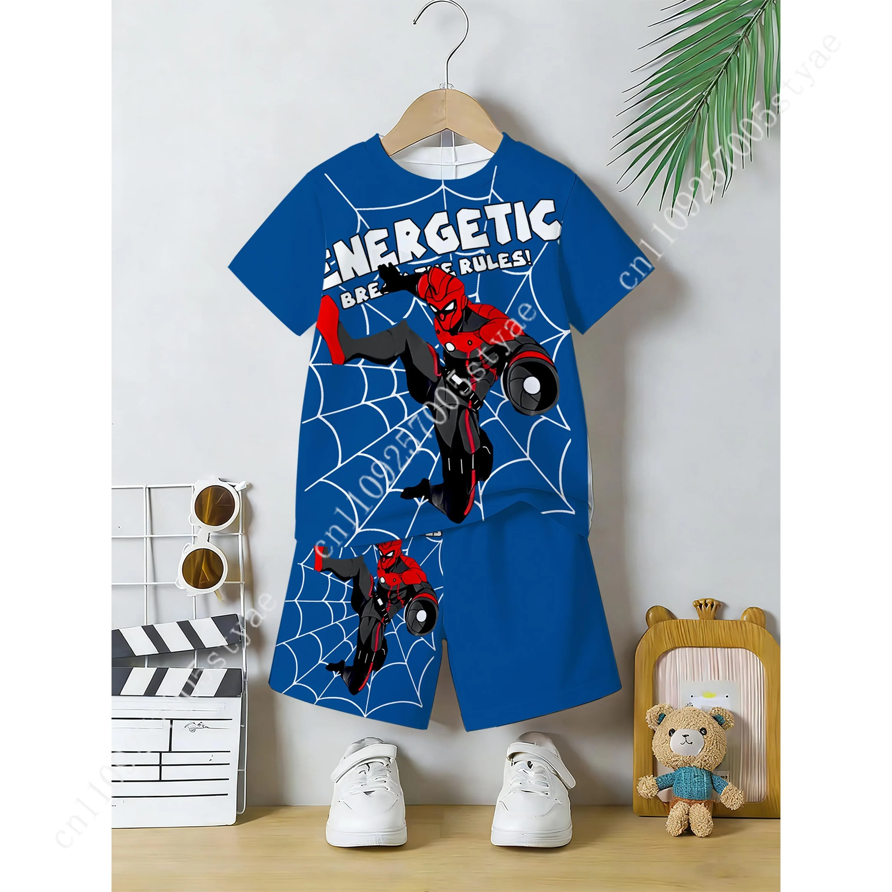 

3D Spider Printed 2-piece Short-sleeved T-shirt and Shorts with Full-color Print Suitable for Boys Very Comfortable To Wear