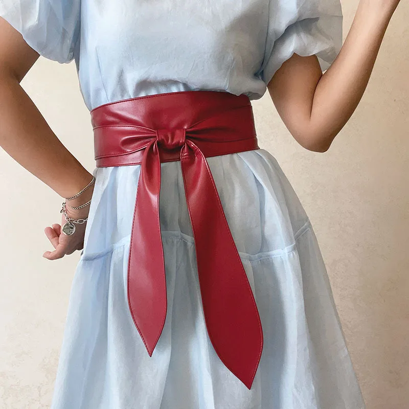 

10x230cm Black Bowknot Belt Lace Up Tied Knot Corset PU Wide Belts Waistband Elegant Dress Coat Girdle For Women