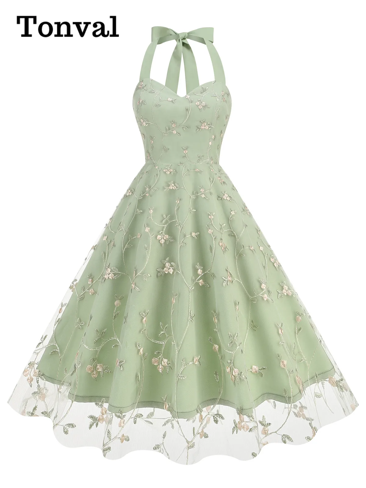 Tonval Sweetheart Neck Halter Sexy Evening Vintage Party Dresses Floral  Embroidered Mesh Overlay Prom Women Backless Dress - AliExpress 200000345