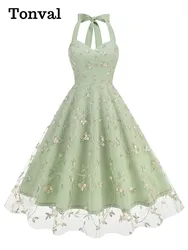Tonval Sweetheart Neck Halter Sexy Evening Vintage Party Dresses Floral Embroidered Mesh Overlay Prom Women Backless Dress
