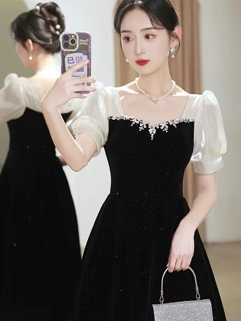 Black Velvet Evening Dress Women's New Style Vocal Art Exam Piano Adult Ceremony Dress Skirt Party Hostess A-Line Long Gown
