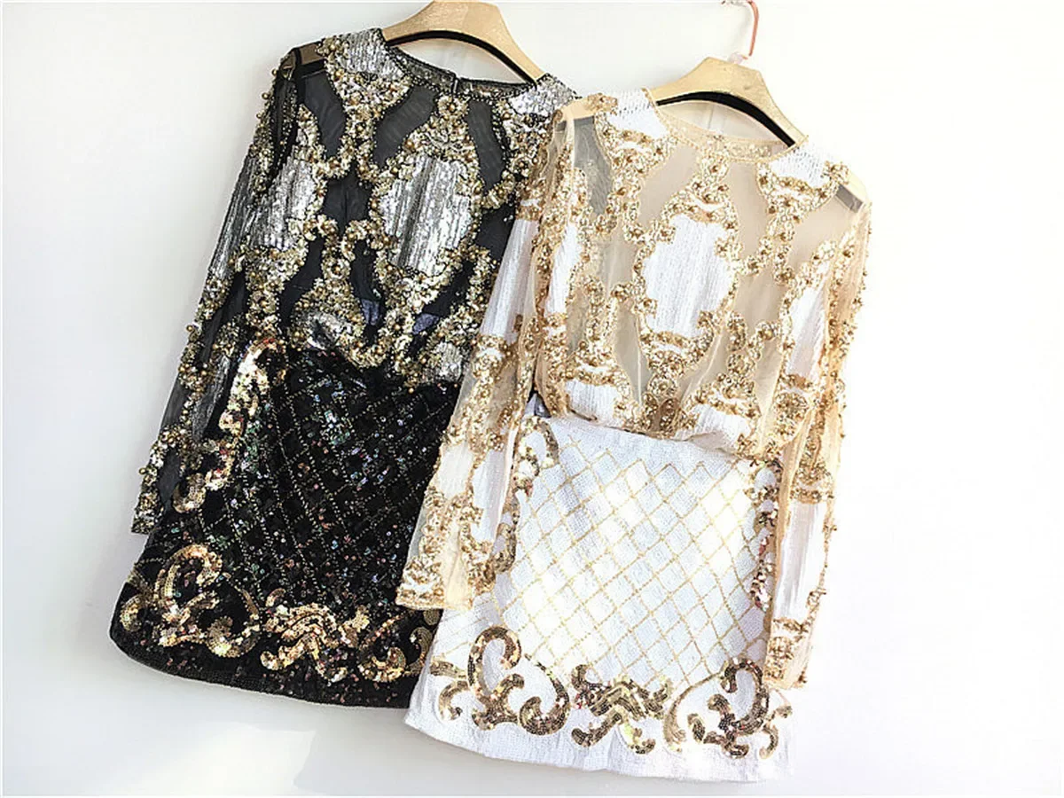 New 2 Pcs Set Women Sparkling Sequin Gold Crop Tops Flower Shirt Shiny Transparent Gauze with Mini Short Skirt Night Club Party