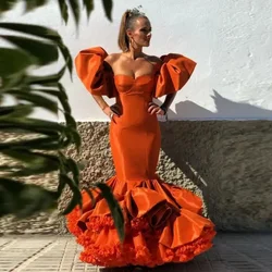 Elegant Orange Prom Gowns Off Shoulder Long Dance Evening Gown Ruffles Bottom Sleeves Custom Made Sweetheart Party Dresses