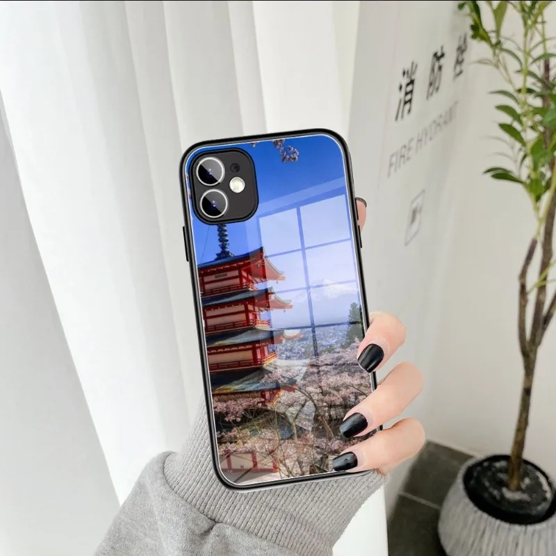 Japanese Anime Hand Painted House scenery Phone Case Tempered Glass FOR IPhone 14 13 11 12 Pro 8 7 Plus X 13 Pro MAX MINI Covers