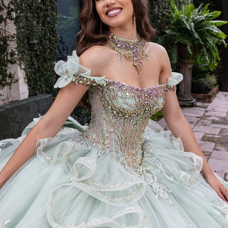 

Mint Green Quinceanera Dresses Off the Shoulder Glitter Decal Lace Layering Long tail Bow Vestido De 15 Quinceanera Customize