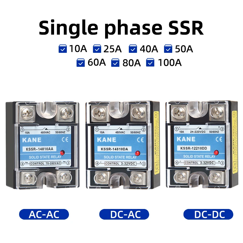 Однофазное твердотельное реле KANE Бесконтактное SSR постоянного тока в постоянный ток переменного тока в переменный ток в переменный ток 24-380 В переменного тока 10 А 25 А 40 А 50 А 60 А 80 А 100 А