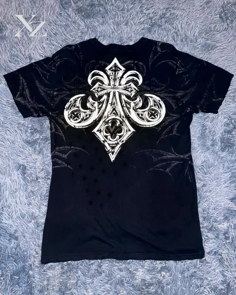 Y2K Affliction Short Sleeve Destroyer Graphic Vintage Washed Cotton T-Shirt with Signature Skull Wing Print Edgy Street Style