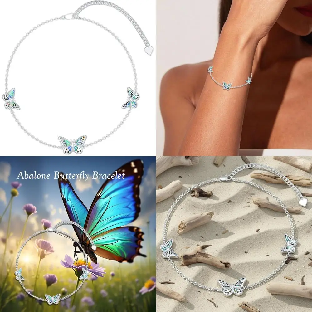 

Sterling Silver Abalone Shell Butterfly Charm Bracelet, Adjustable Boho Style, Ideal Beach Jewelry Gift for Women