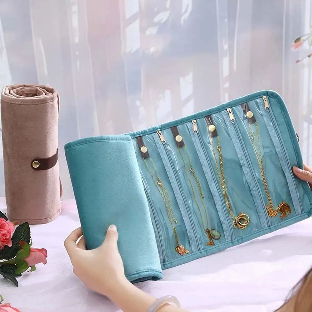 

Multi-pocket Flannel Jewelry Organizer PVC Compact Rolled Jewelry Storage Bag Solid Color Anti-splash Water