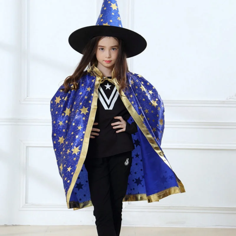 Halloween Costumes Wizard Cape Witch Cloak with Hat for Boys Girls Toddlers Adult Wizard Party Cosplay Costume Fancy Dress